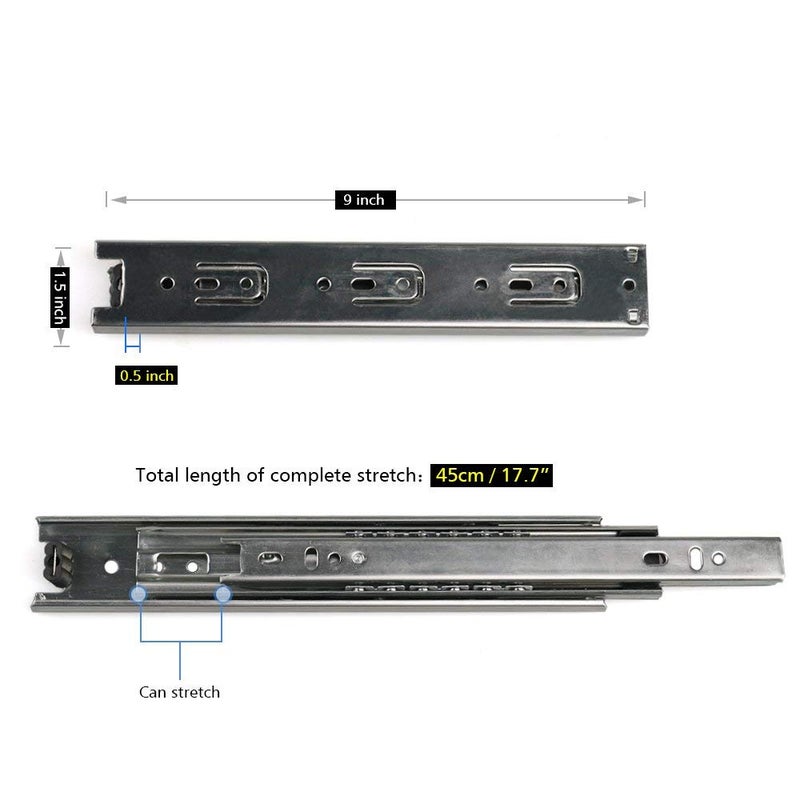 URBEST Drawer Slides 9 Inch Full Extension 3 Sections Ball Bearing Telescopic Slide Rails (9Inch) - Image 3